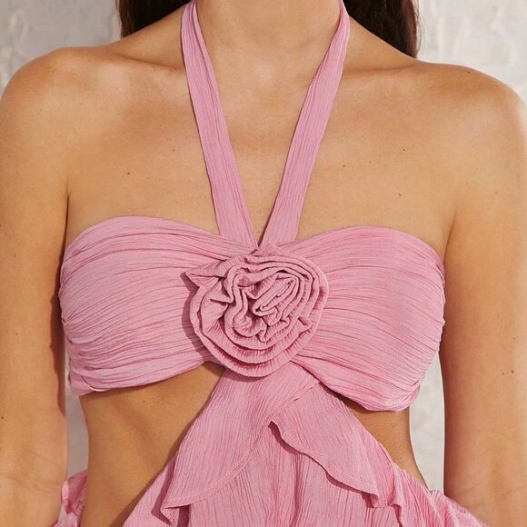 Pink Boho Women's 3D Rosette Ruffle Cut Out Dress - Picture 4 of 5